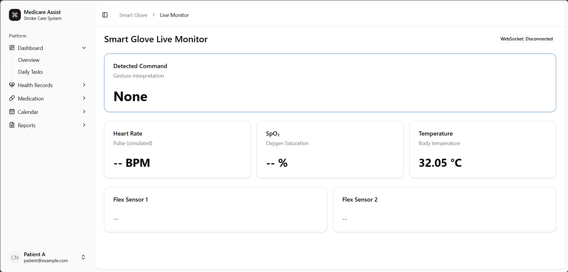 Glove System healthcare dashboard and live monitoring interface